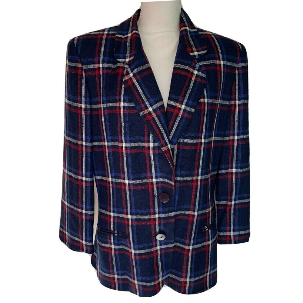 Bill Blass Separates Blazer Womens Size 12 Vintage Plaid Pure Rayon Navy Blue